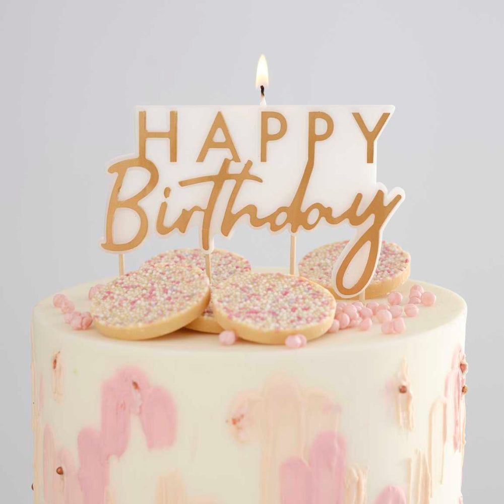 Gingerray świeczka na tort Gold and White Happy Birthday