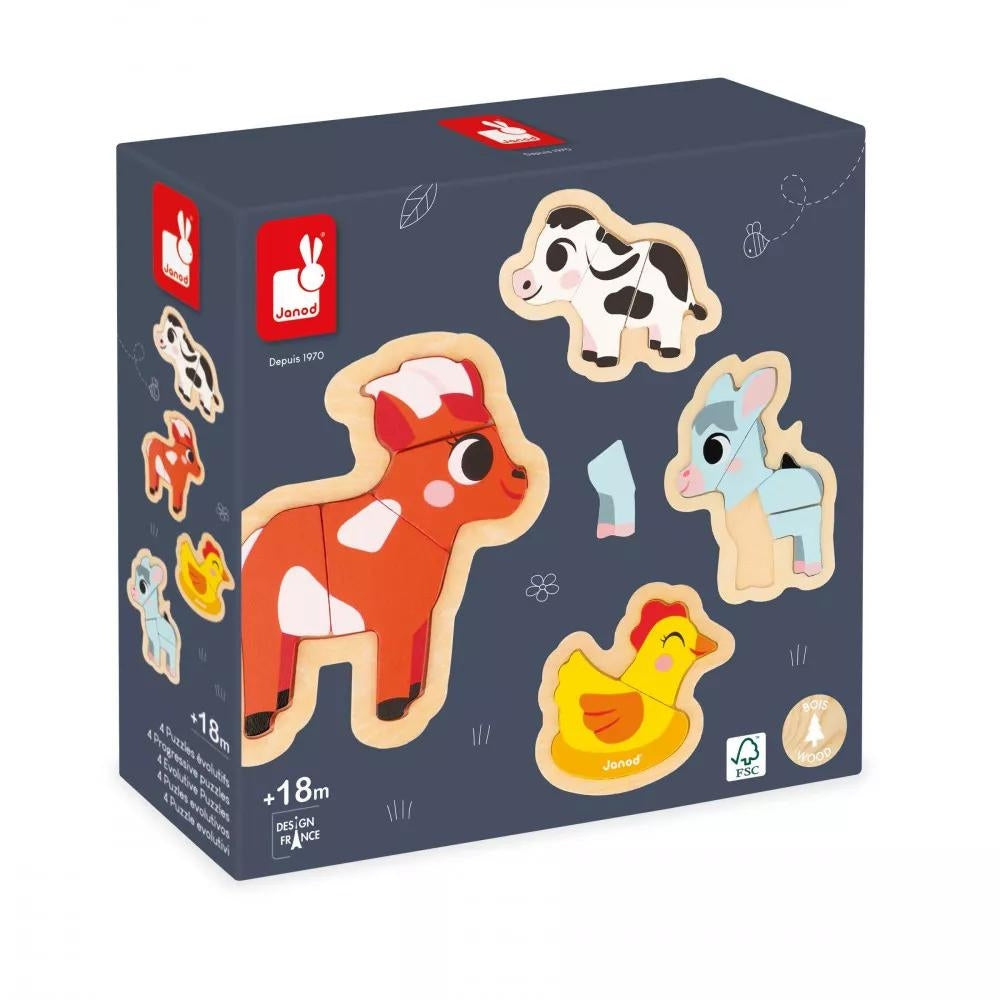 Janod Drewniane puzzle dla dzieci Farma 4 układanki – 2, 3, 4 i 5 el.
