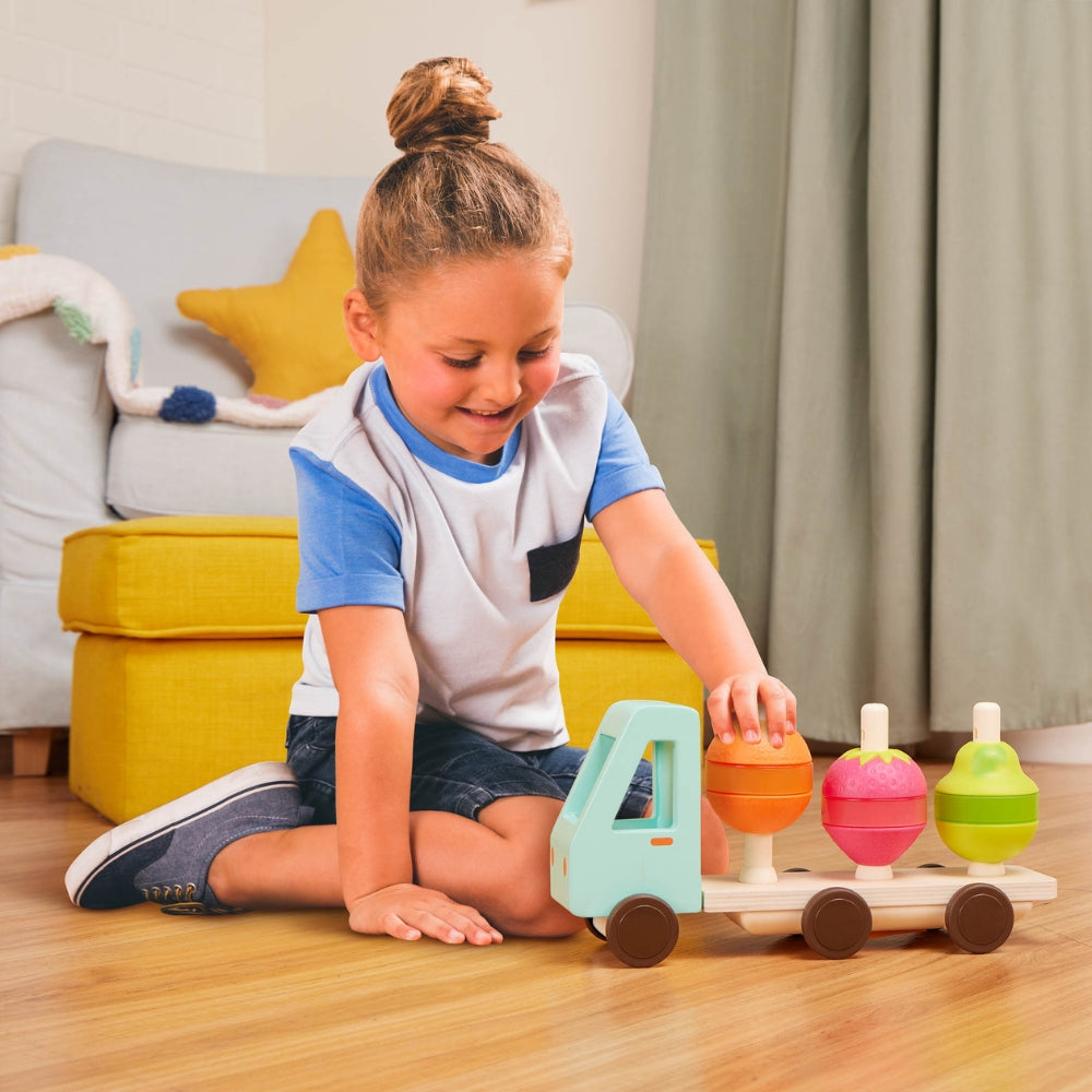 B.Toys Drewniana ciężarówka Sorter dla dzieci z owocami
