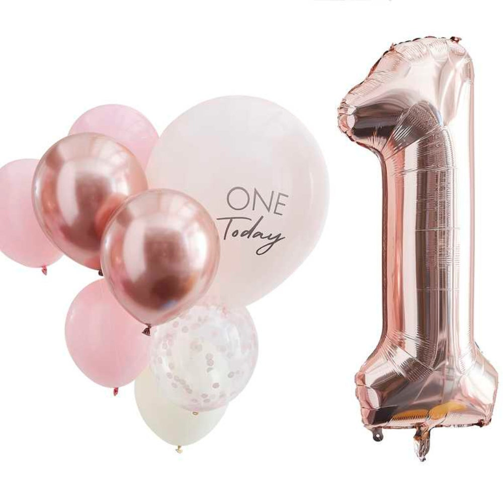 Gingerray balony lateksowe Pink and Rose Gold First Birthday
