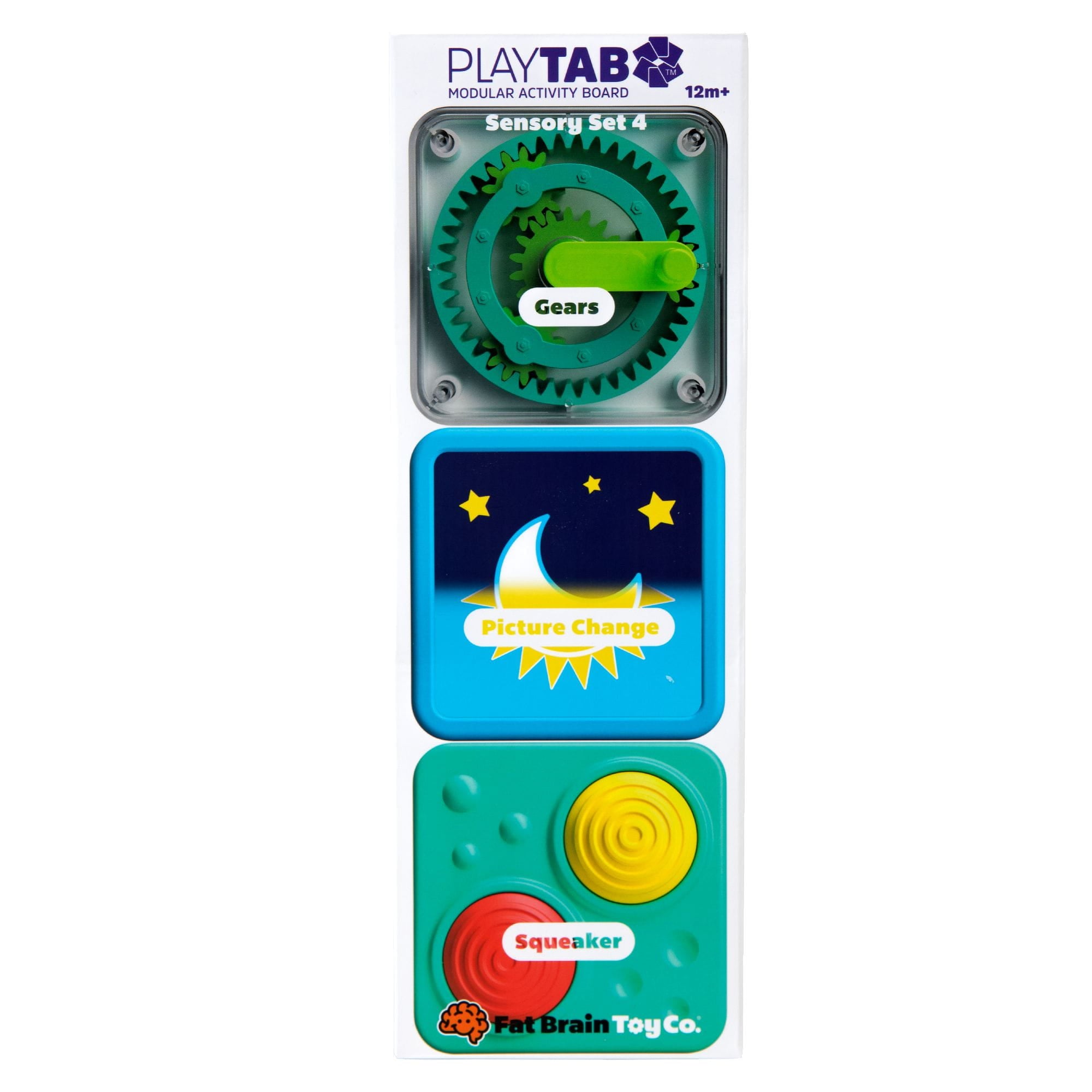 Fat Brain Toys PlayTab Sensoryczne Kwadraty. Zestaw 4 z Kołem Zębatym