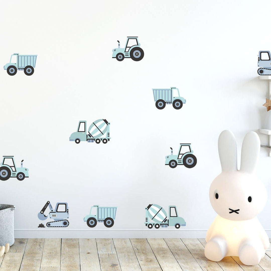 PASTELOVELOVE naklejki na ścianę dla dzieci pojazdy budowlane niebieskie