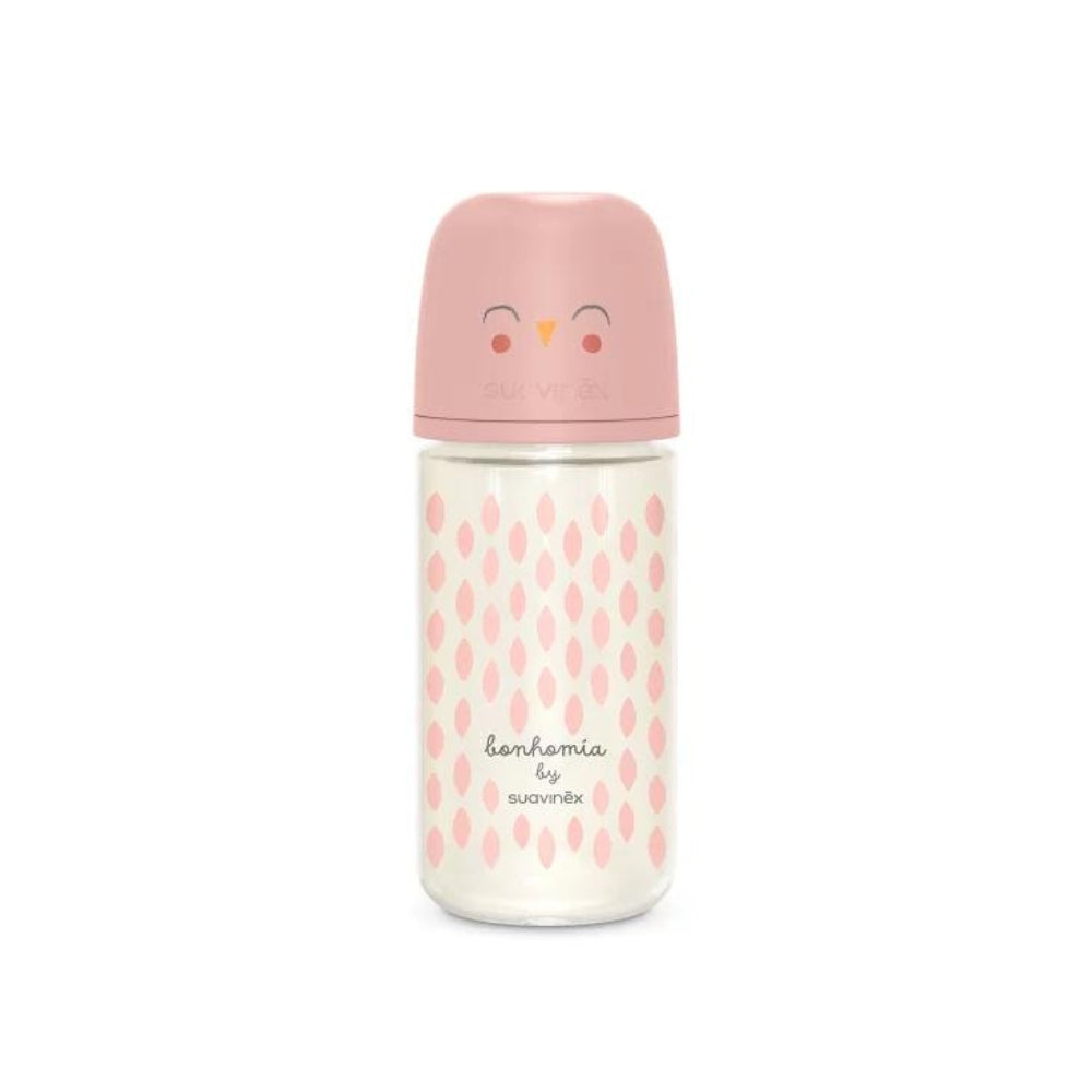 Suavinex Butelka dla niemowląt szklana 240 ml smoczek fizjologiczny SX Pro średni przepływ Sowa różowa Bonhomia