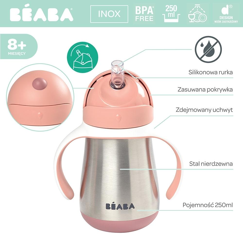 Beaba Butelka kubek niekapek stalowa ze słomką 250 ml old pink