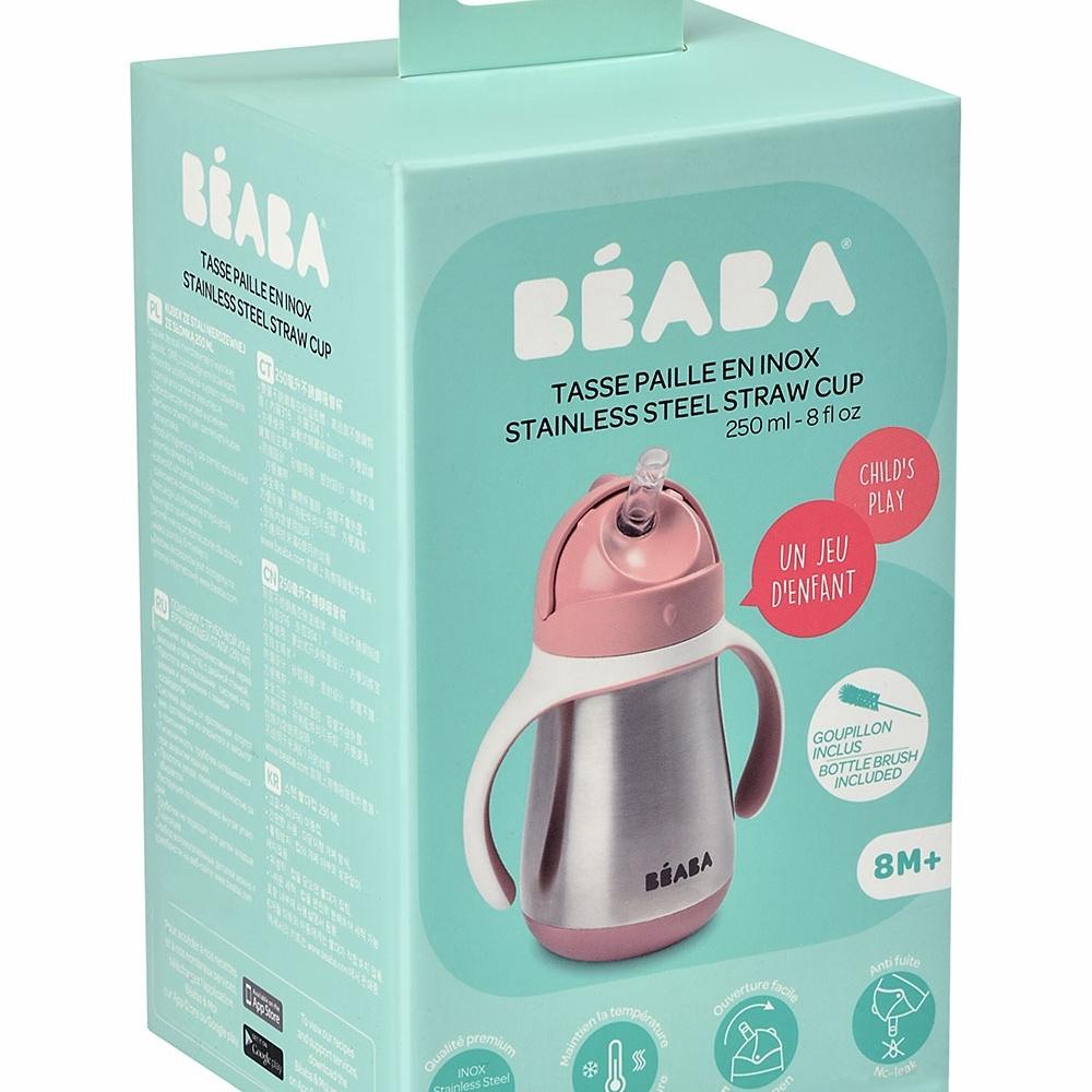 Beaba Butelka kubek niekapek stalowa ze słomką 250 ml old pink