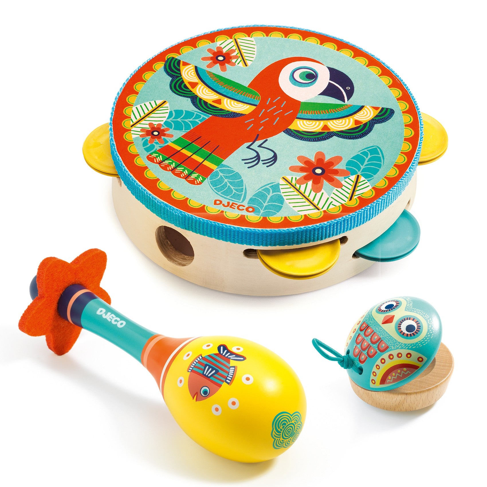 Djeco Drewniane instrumenty dla dzieci marakas tamburyn grzechotka - 4kidspoint.pl