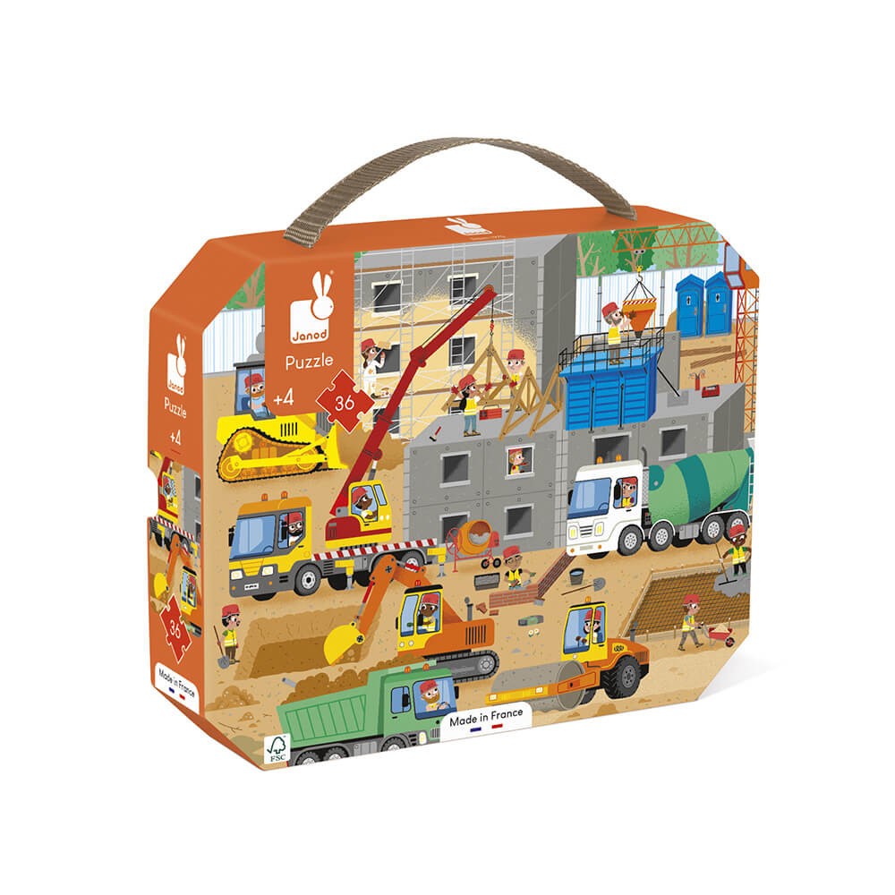 Janod Puzzle dla dzieci w walizce Plac budowy 36 el.
