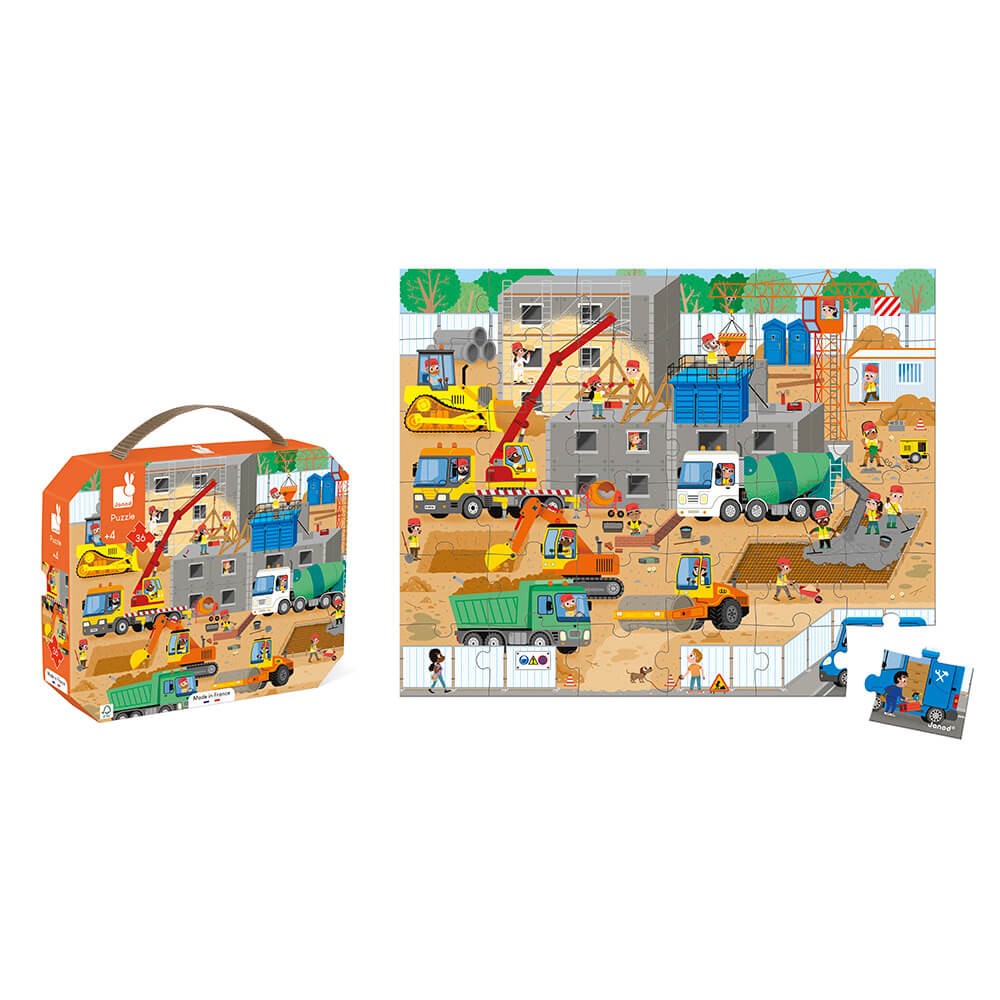 Janod Puzzle dla dzieci w walizce Plac budowy 36 el.