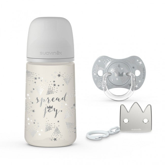 Suavinex Zestaw Spread Joy smoczek, klips, butelka 270 ml Szary