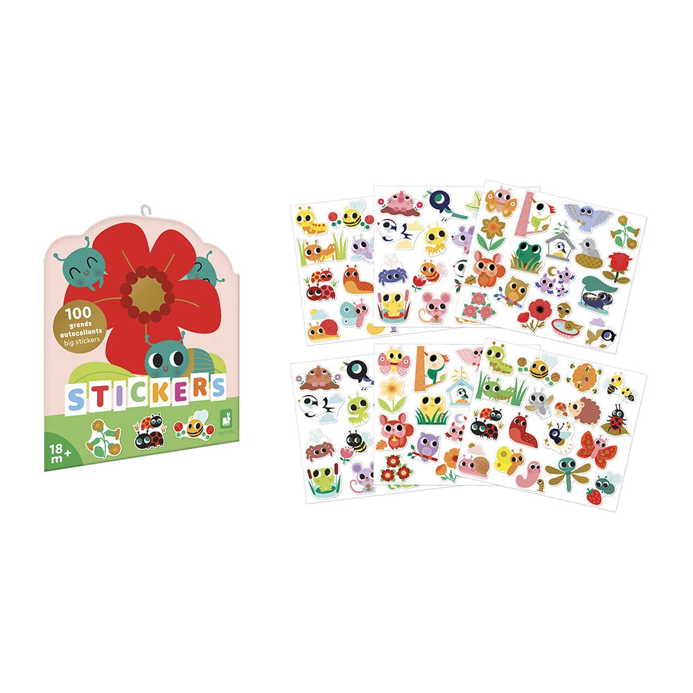 Janod Duże naklejki dla dzieci na arkuszach Zwierzęta w ogrodzie 100szt