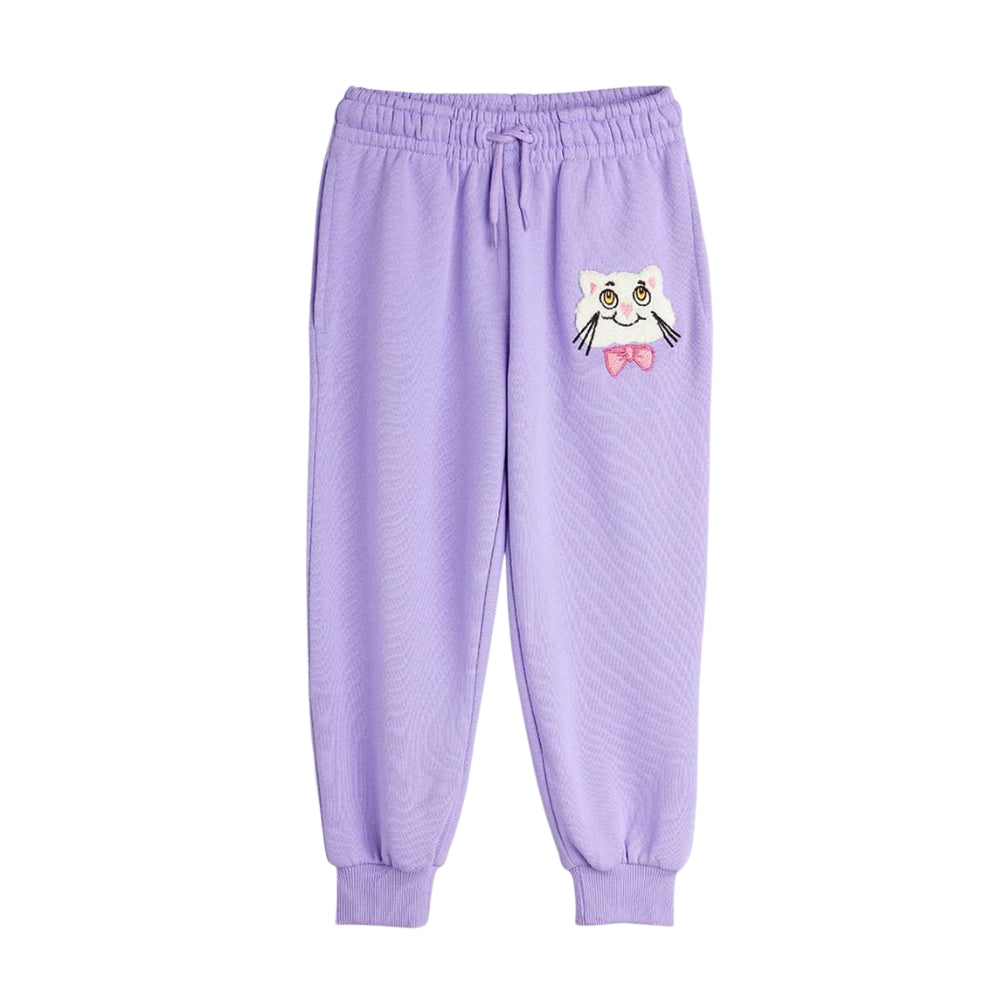 Mini Rodini Spodnie dresowe dla dzieci Cat with bowtie Purple
