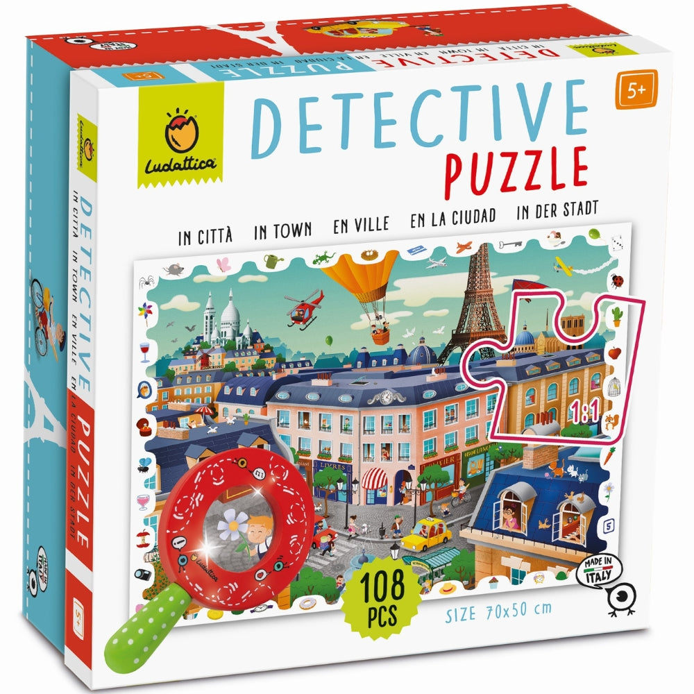 Ludattica Puzzle dla dzieci z drewnianą lupą i motywami do odnajdywania Miasto