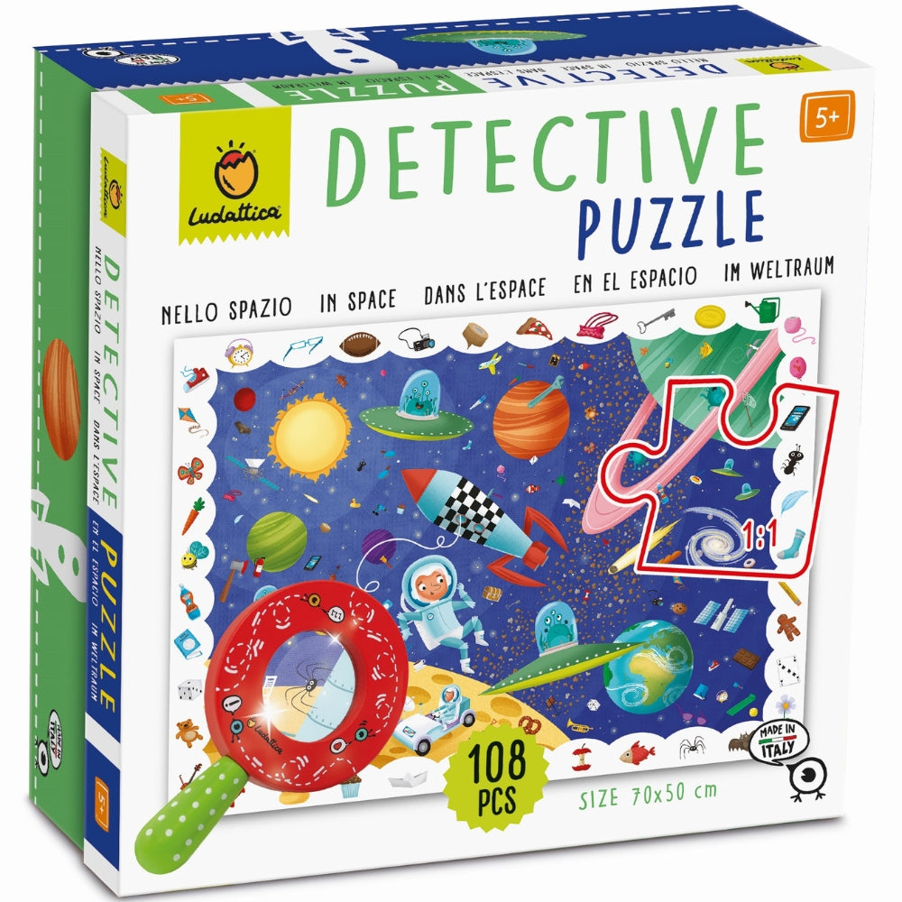 Ludattica Puzzle dla dzieci z drewnianą lupą i motywami do odnajdywania Kosmos