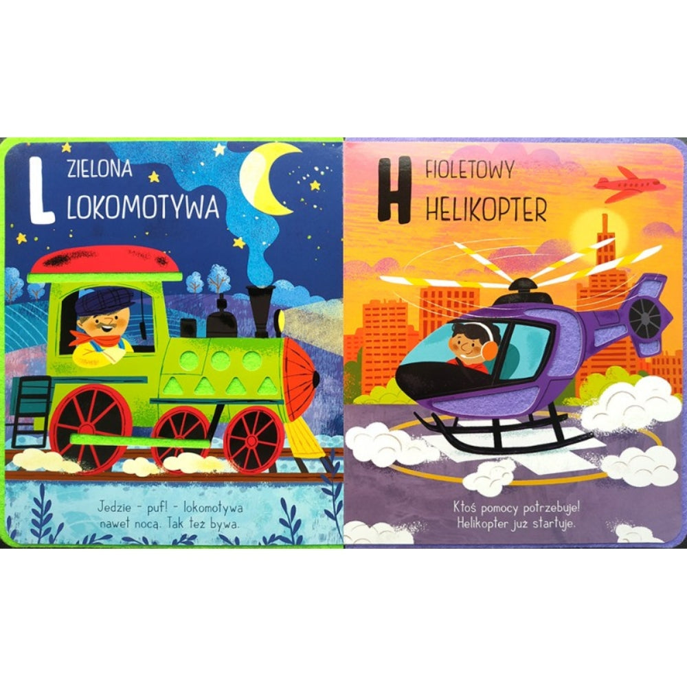 Aksjomat Książka dla dzieci dotykam, poznaję kolory i litery Pojazdy