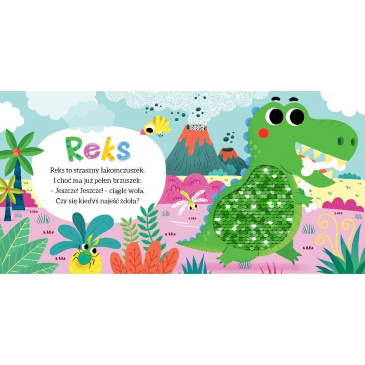 Aksjomat Wesołe dinozaury. Sensoryczna książka dla dzieci z cekinami