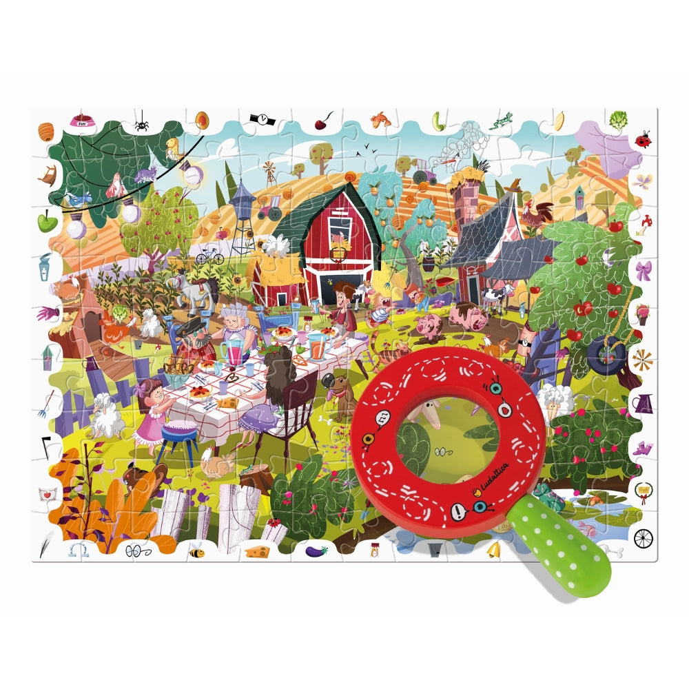 Ludattica Puzzle dla dzieci z drewnianą lupą i motywami do odnajdywania Wieś