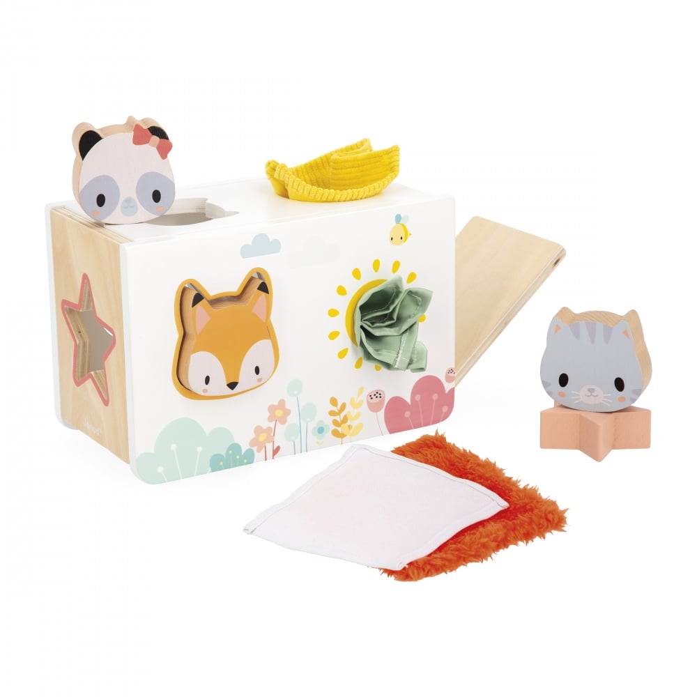 Janod Sorter drewniany pudełko sensoryczne z chusteczkami Pure