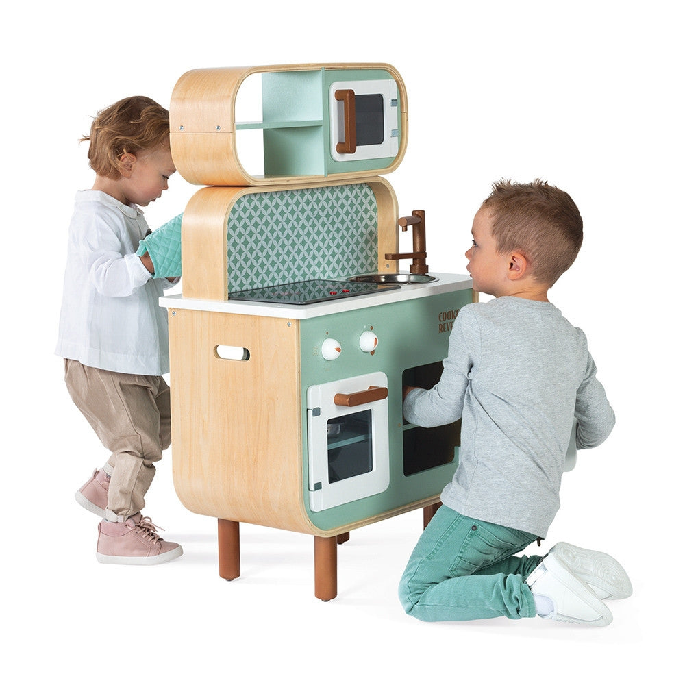 Janod Dwustronna drewniana kuchnia dla dzieci z pralką i 8 akcesoriami