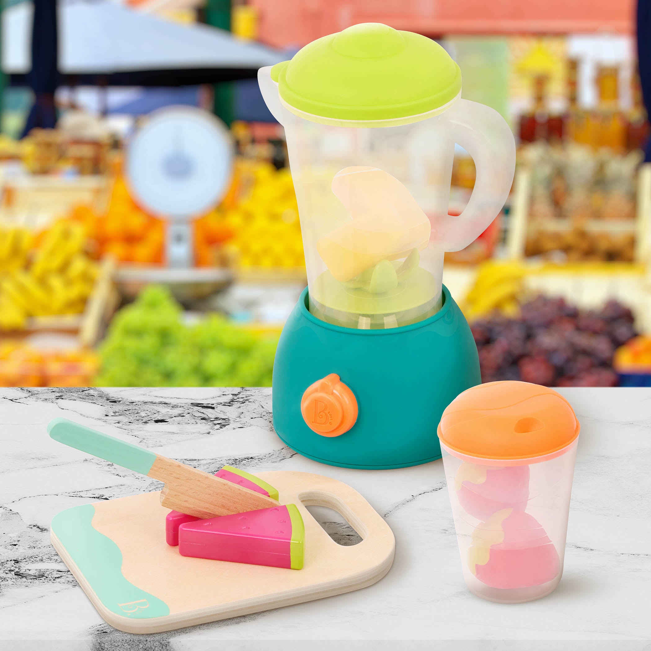 B.Toys Akcesoria do kuchni dla dzieci Mini Chef Fruity Smoothie Playset Blender z owocami i akcesoriami