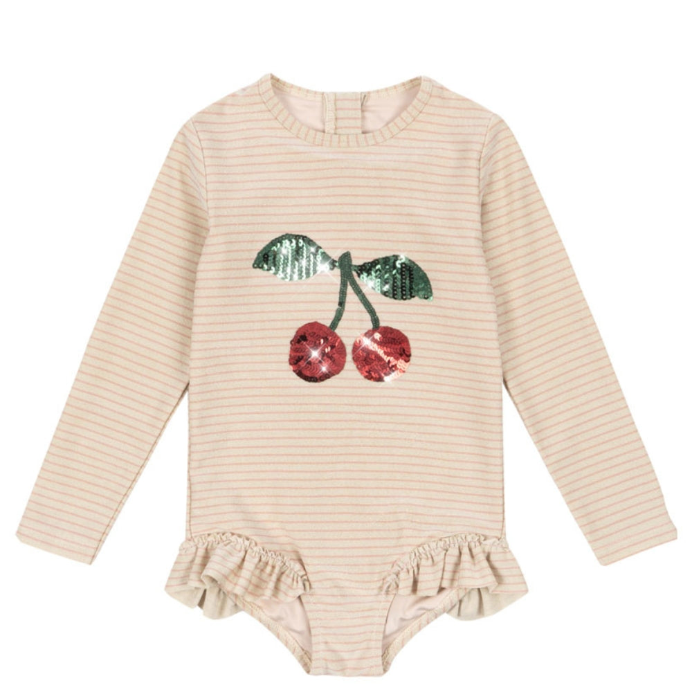 Konges Slojd Strój kąpielowy dla dziewczynki jednoczęściowy z falbanką Jade Rose Stripe