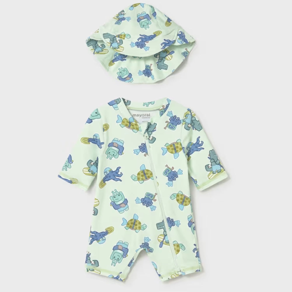 Mayoral Komplet niemowlęcy kąpielowy 2-częściowy z czapką i kombinezonem UV Jabłko