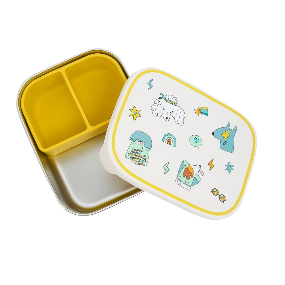 The Cotton Cloud Lunchbox dziecięcy ze stali nierdzewnej z wyjmowanymi przegrodami Funky Dogs