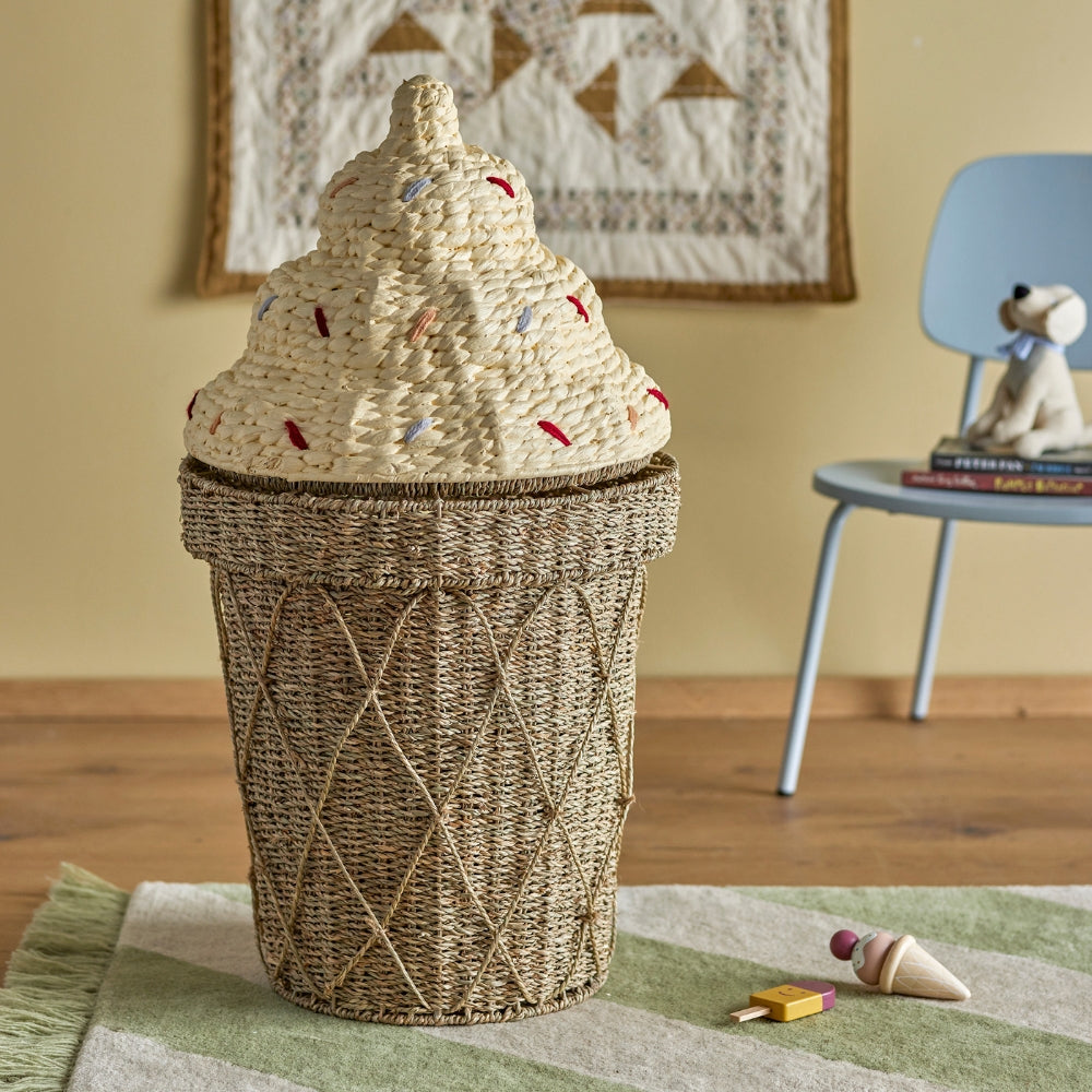 Bloomingville Kosz na zabawki w kształcie loda z przykrywką Cillie Water Seagrass