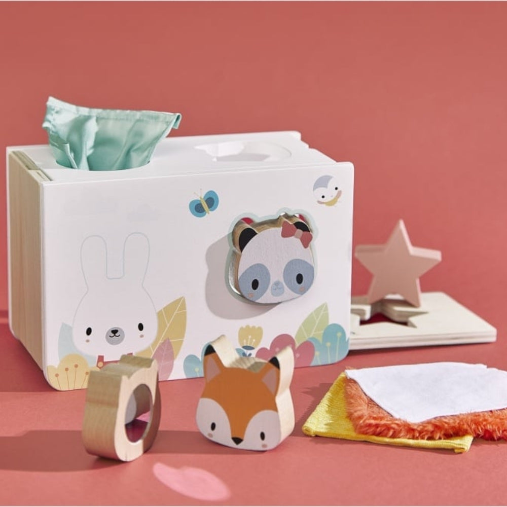 Janod Sorter drewniany pudełko sensoryczne z chusteczkami Pure