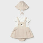 Mayoral Komplet dla dziewczynki 2-częściowy sukienka z imitacją ogrodniczek i czapeczką Wheat