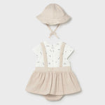 Mayoral Komplet dla dziewczynki 2-częściowy sukienka z imitacją ogrodniczek i czapeczką Wheat