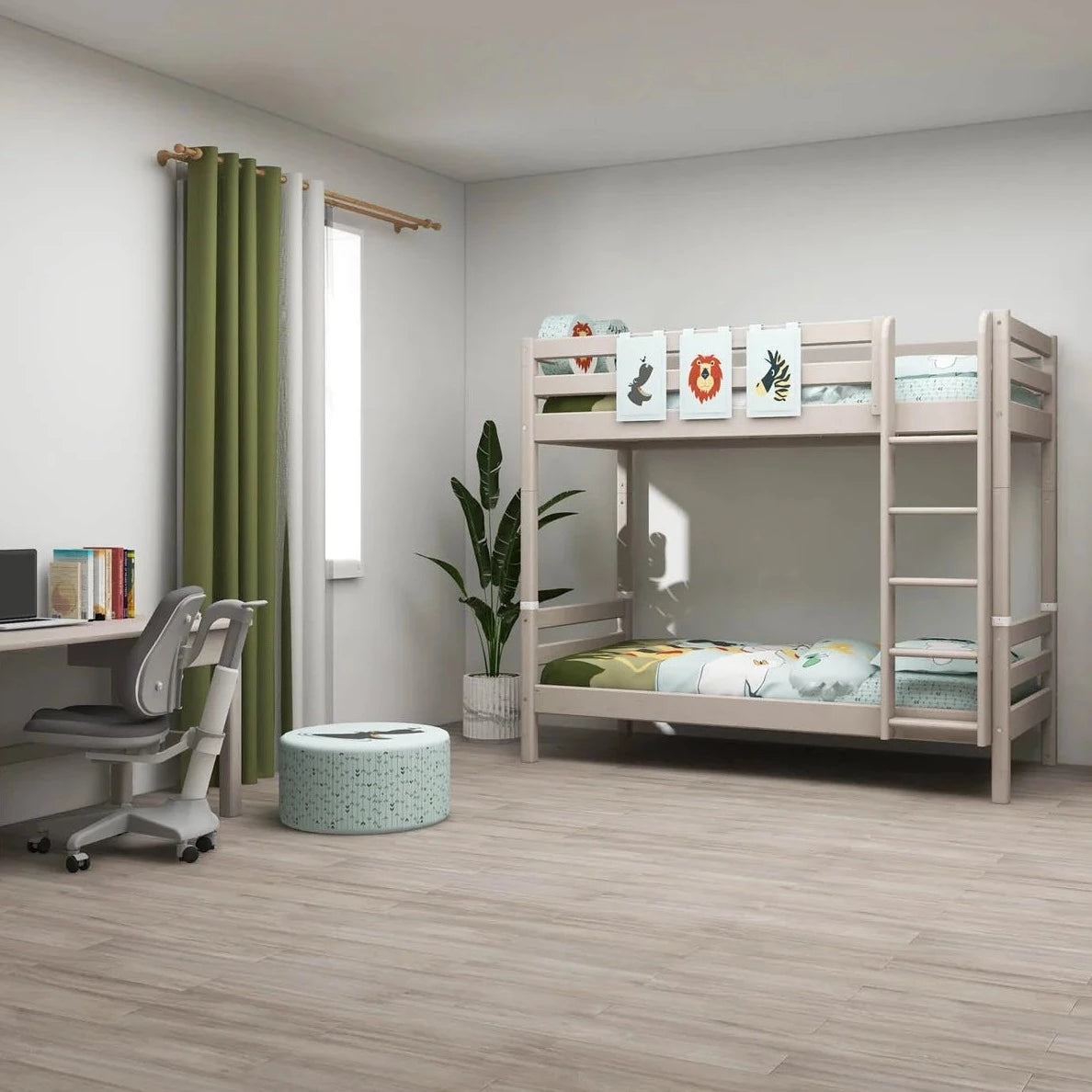 Flexa Łóżko dziecięce piętrowe Classic Grey Washed Pine z dodatkową wysokością i prostą drabinką