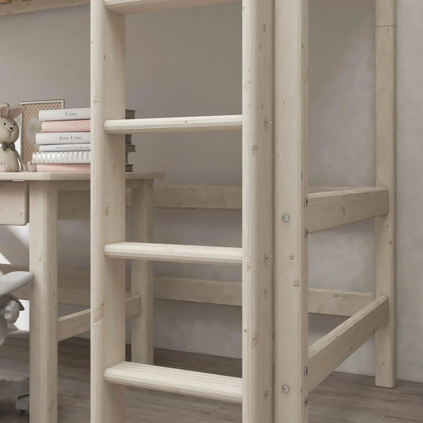 Flexa Łóżko dziecięce wysokie z prostą drabinką Classic White Washed Pine