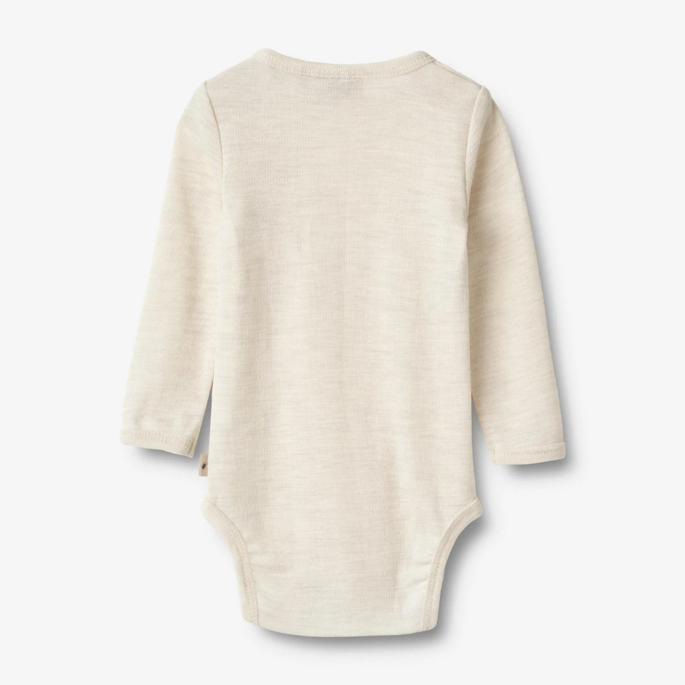 Wheat Body niemowlęce z długim rękawem z wełny merino Lucca eggshell melange