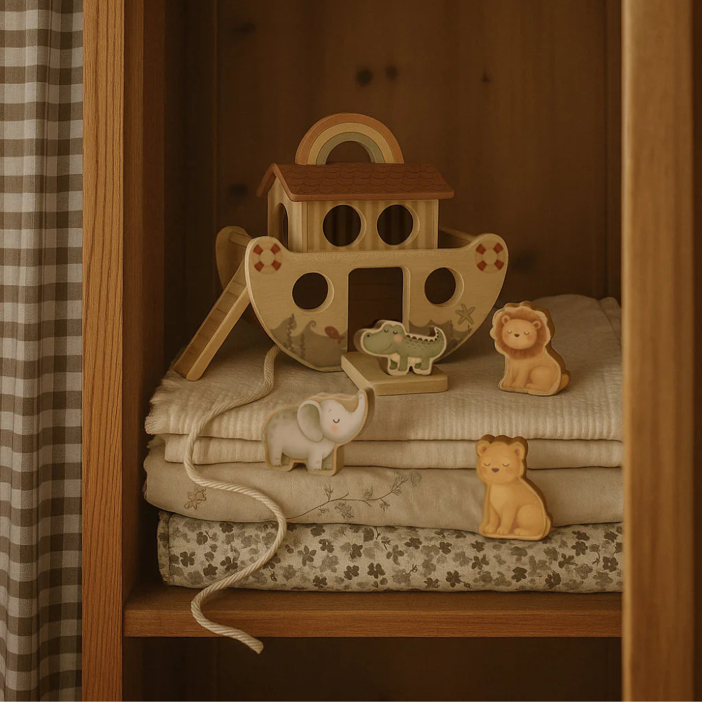 Mrs Ertha Drewniana łódź na kółkach Buddy Boat Noah's Ark Boat Wooden Puzzle