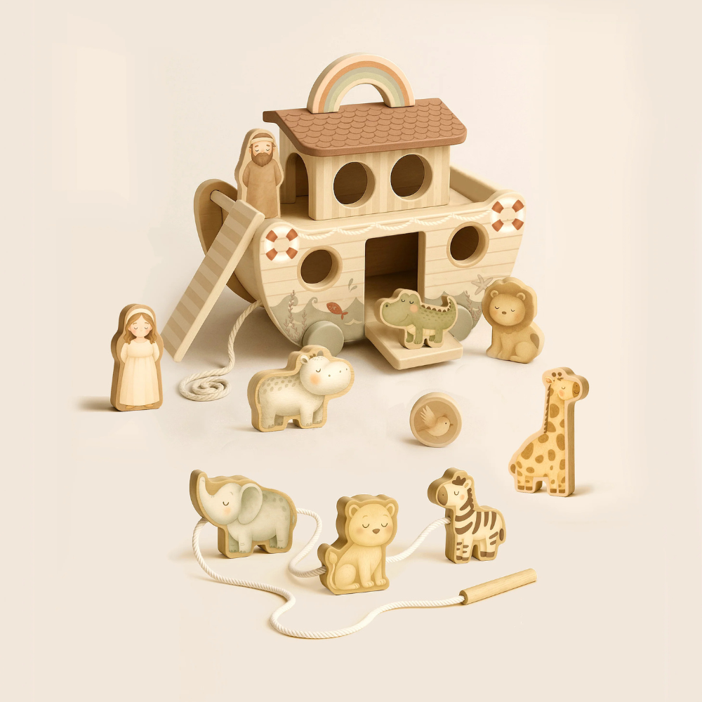 Mrs Ertha Drewniana łódź na kółkach Buddy Boat Noah's Ark Boat Wooden Puzzle