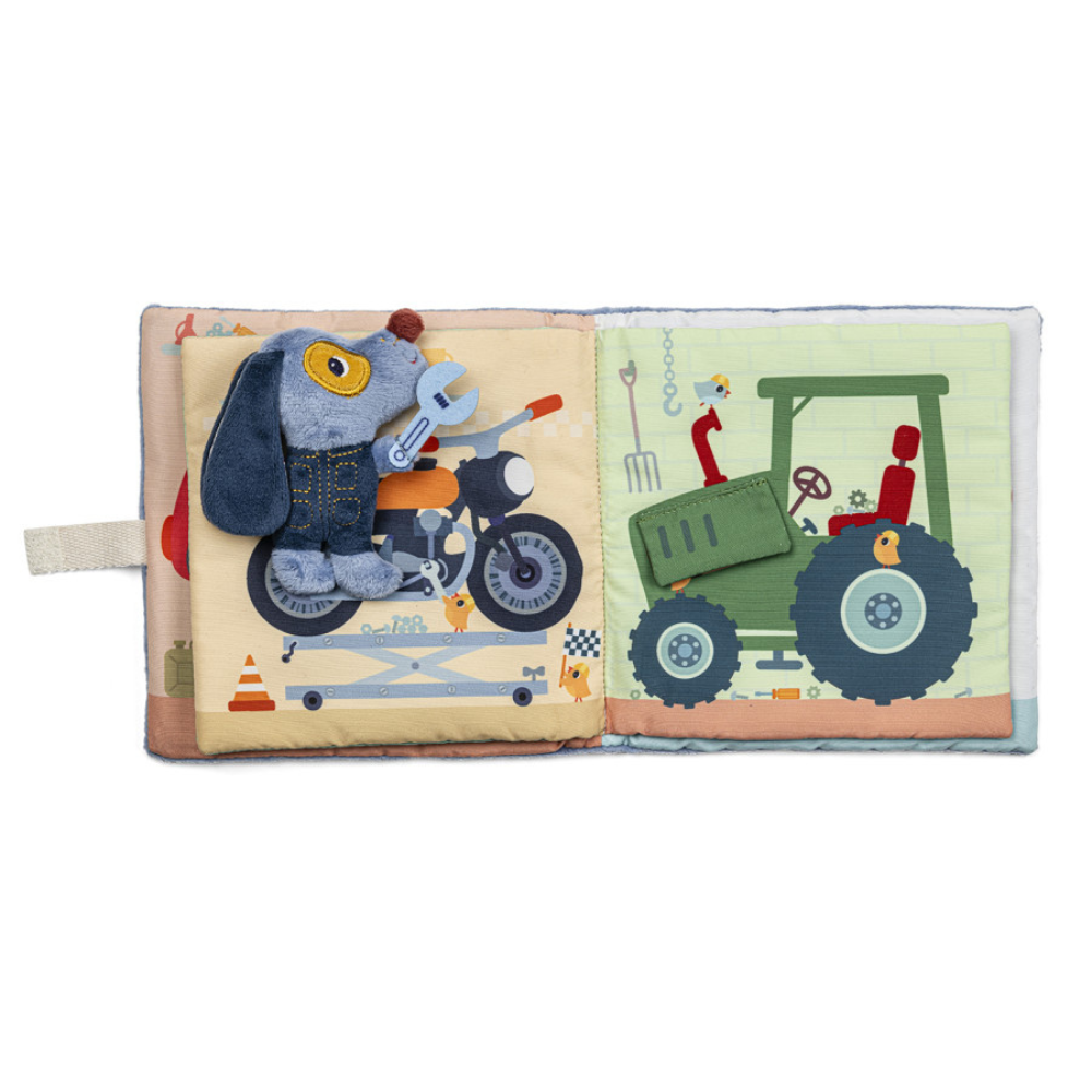 Lilliputiens Miękka książeczka dla niemowląt Garaż Pieska Julesa