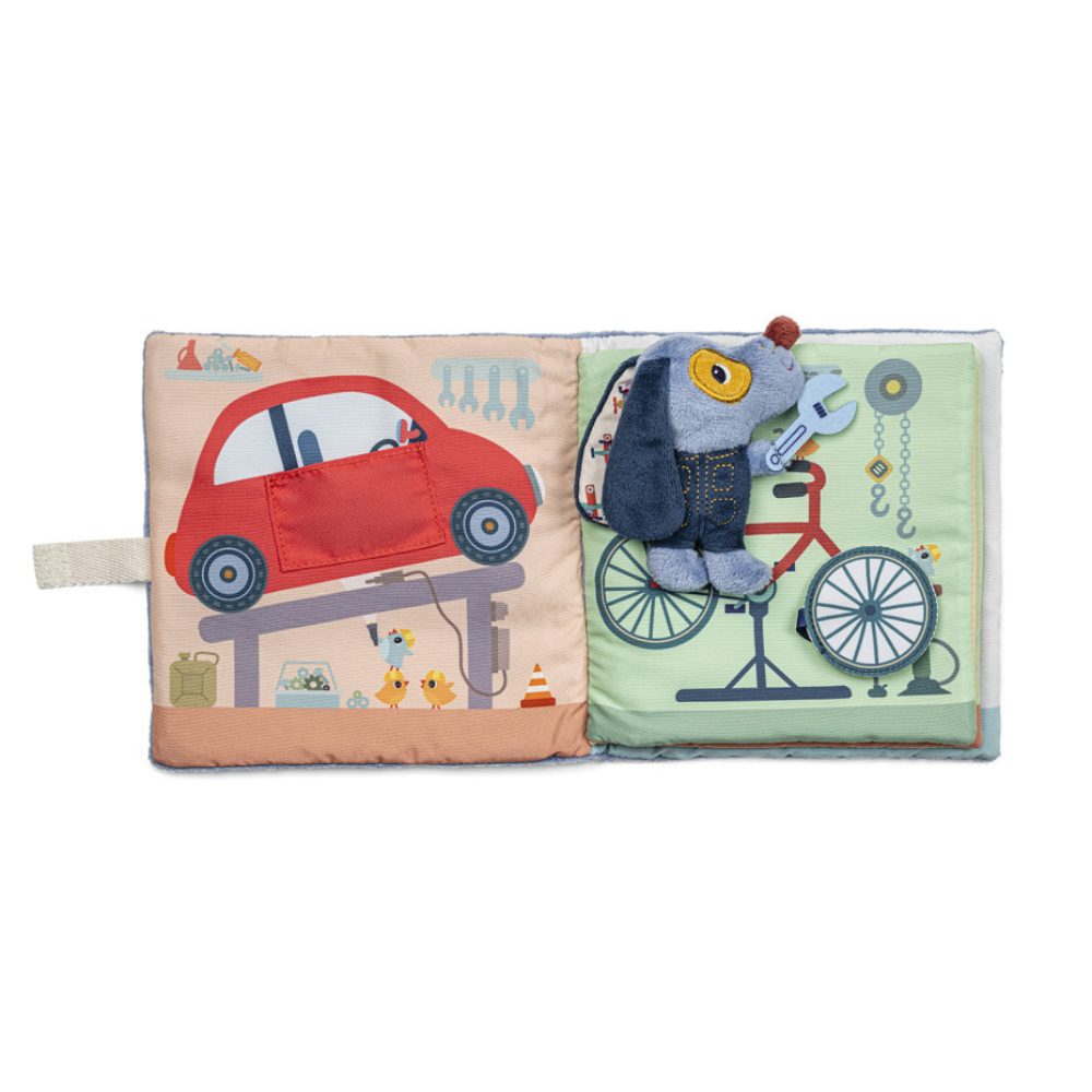 Lilliputiens Miękka książeczka dla niemowląt Garaż Pieska Julesa