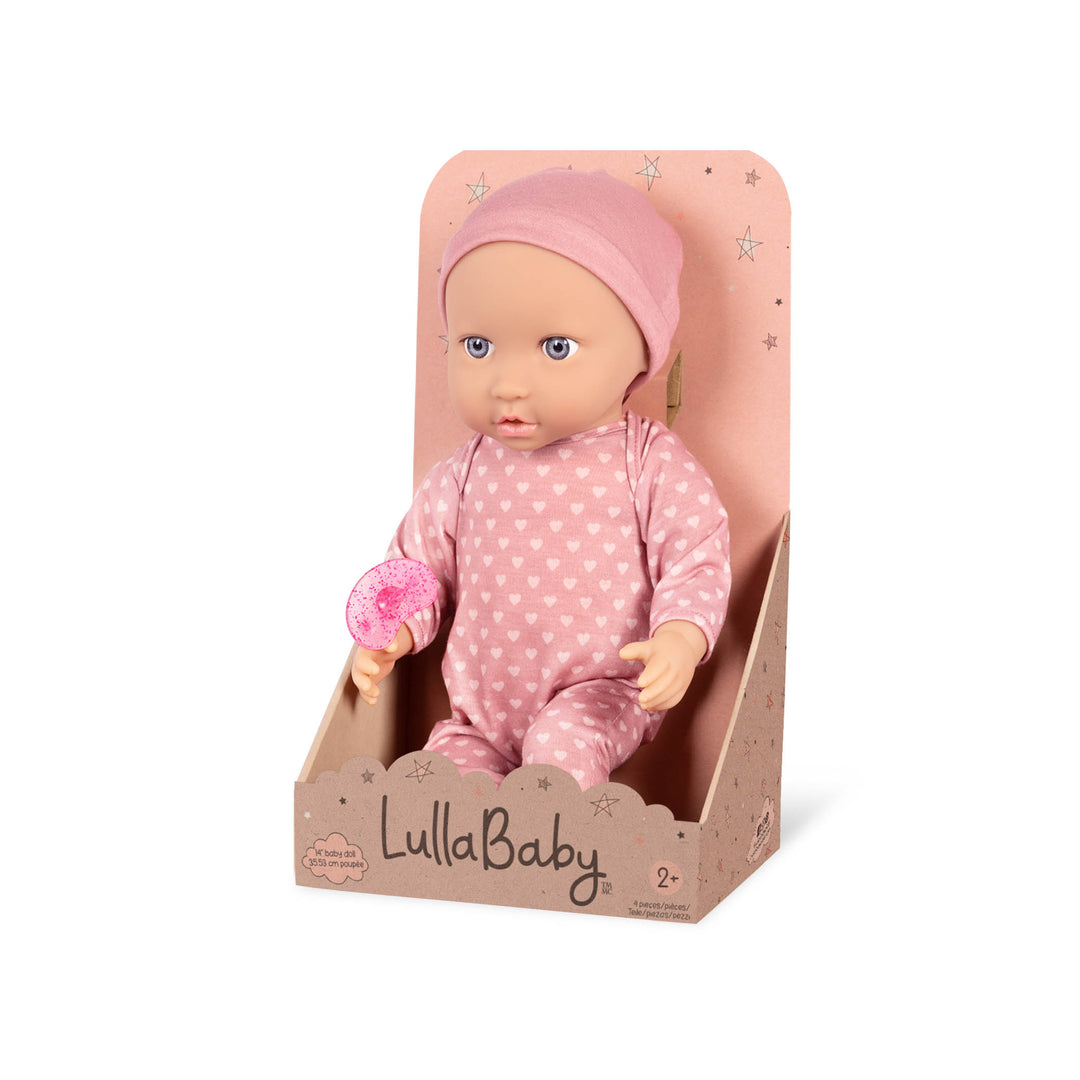 LullaBaby Lalka niemowlę 35 cm ze smoczkiem w pidżamce w serduszka i czapeczce