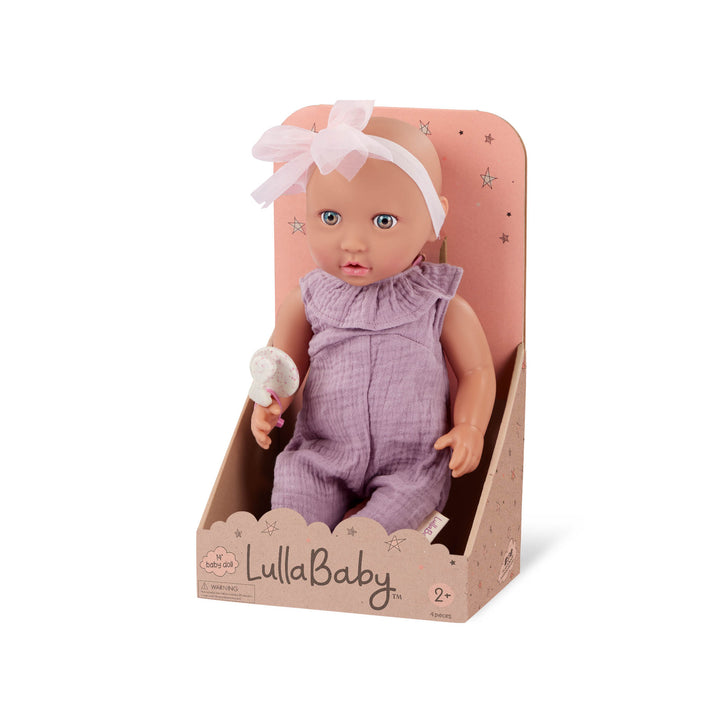 LullaBaby Lalka niemowlę 35 cm ze smoczkiem, w muślinowym ubranku i opasce różowej