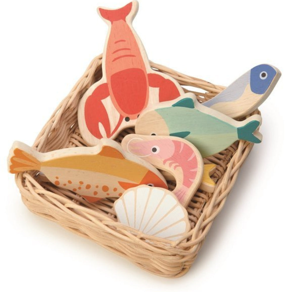 Tender Leaf Toys Wiklinowy koszyk z rybami i owocami morza