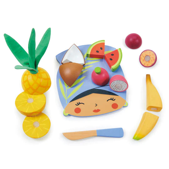Tender Leaf Toys Drewniana deska z owocami tropikalnymi do krojenia