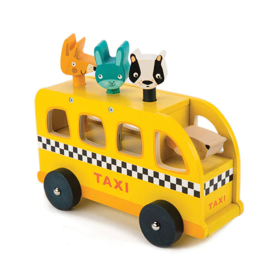 Tender Leaf Toys Drewniany samochód taksówka ze zwierzątkami