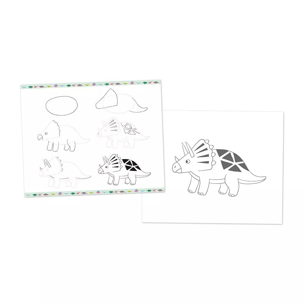 Janod Zestaw kreatywny Rysowanie krok po kroku dla dzieci Dinozaury 20 rysunków