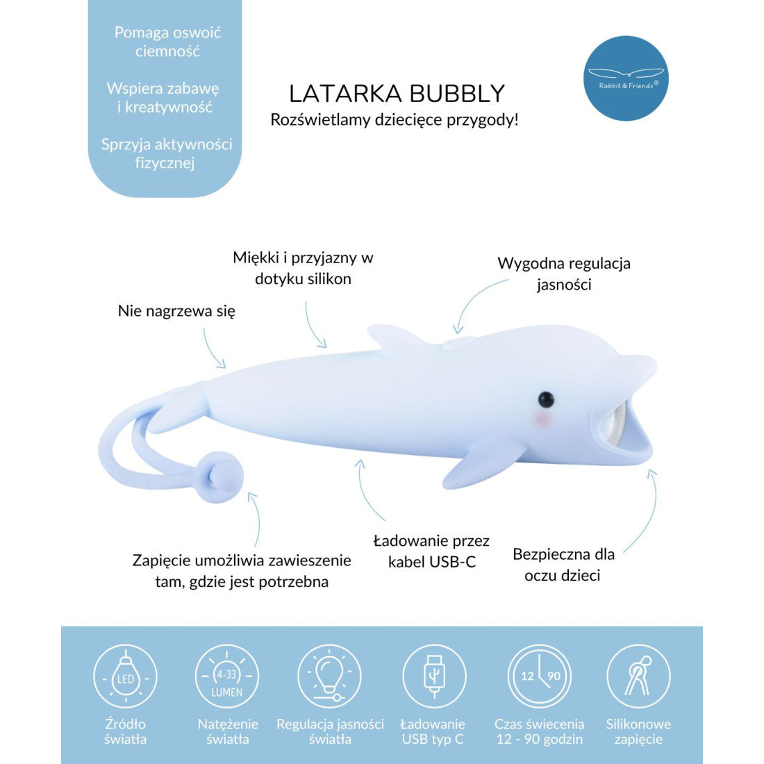 Rabbit & Friends Latarka dla dzieci Delfin BUBBLY