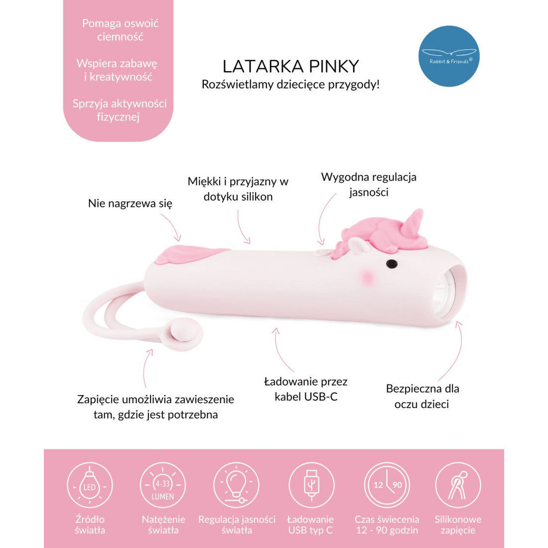 Rabbit & Friends Latarka dla dzieci Jednorożec PINKY
