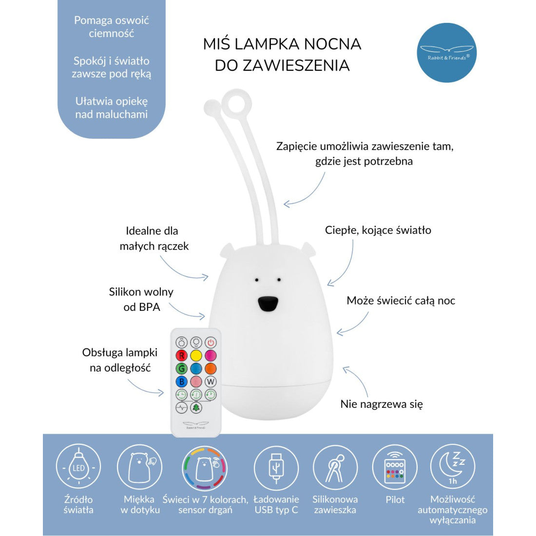 Rabbit & Friends Lampka Nocna do Zawieszania dla dzieci Miś