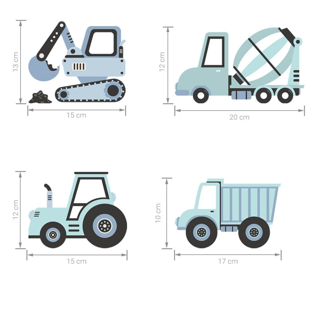PASTELOVELOVE naklejki na ścianę dla dzieci pojazdy budowlane niebieskie