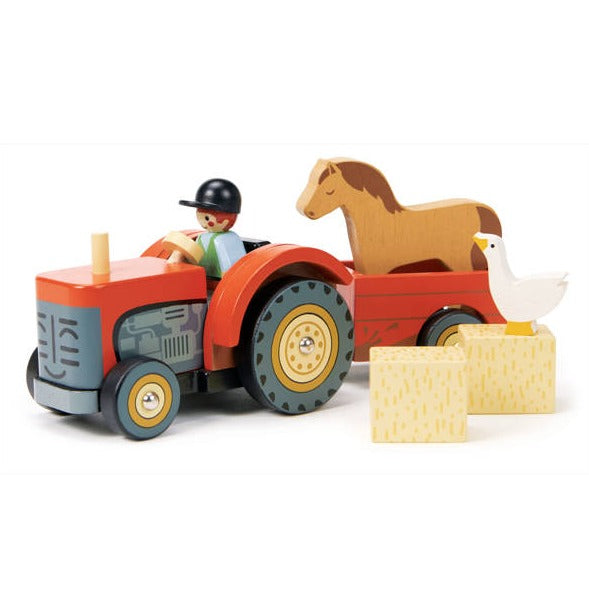 Tender Leaf Toys Drewniany traktor dla dzieci z przyczepką