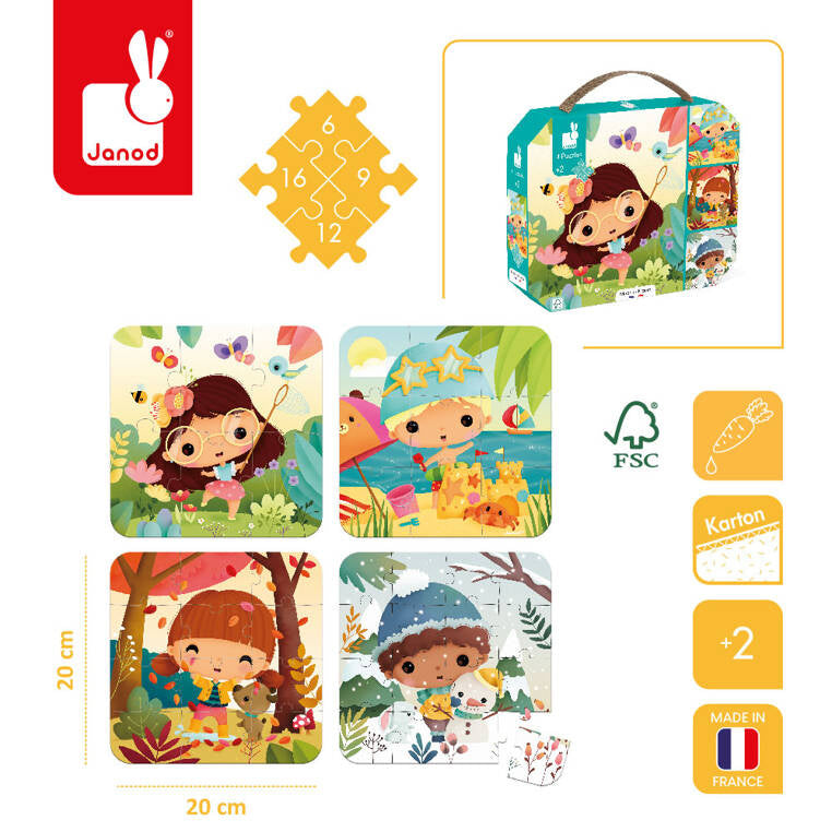 Janod Puzzle dla dzieci progresywne w walizce Pory roku 4 układanki 6, 9, 12 i 16 elementów