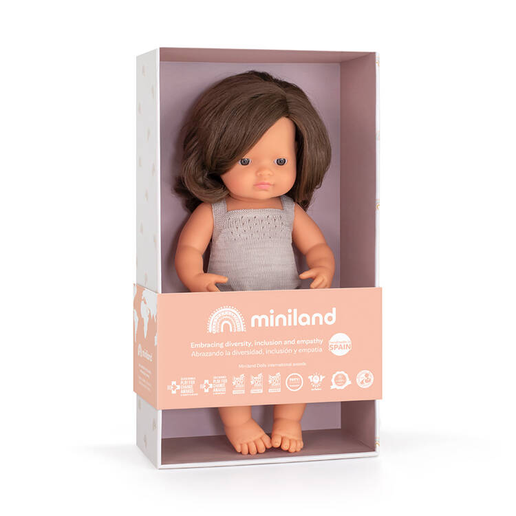 Miniland Lalka dziewczynka Europejka Brązowe włosy Colourful Edition 38 cm